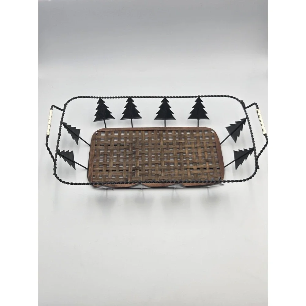 Vintage Wicker Wire Pine Tree Rectangle Bread Basket Tray Handles Holiday